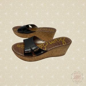 Sam Edelman Cork Platform Wedge Sandals Vegan Black Leather